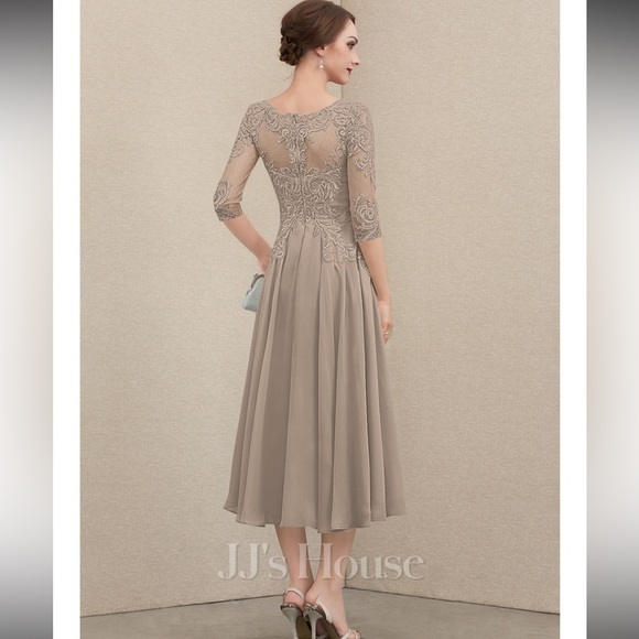 A-line Scoop Illusion Tea-Length Chiffon Lace Mother of the Bride Dress Size 2 - Picture 2 of 14